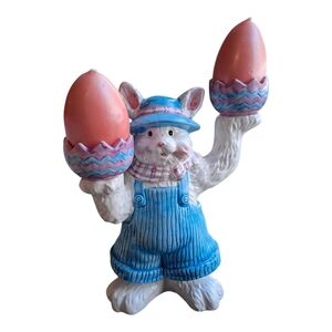 ​Vtg Ceramic Easter Bunny Figurine Candle Holder - Blue Overalls & Pink Scarf